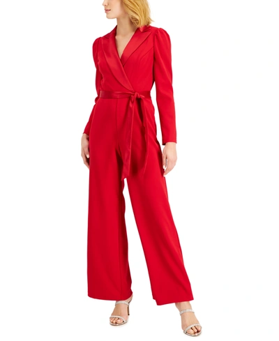 Shop Adrianna Papell Notched-collar Belted Jumpsuit In Haute Red