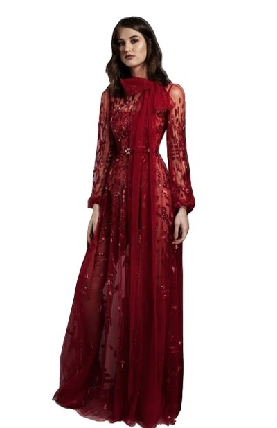 Shop Zuhair Murad Embellished Long Sleeve Gown With Bow In Red