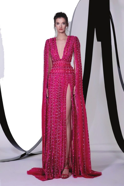 Shop Tony Ward Embellished Slit Cape Sleeve Gown In Pink