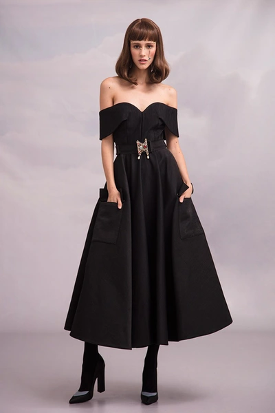 Shop Hussein Bazaza Off The Shoulder Midi Dress In Black