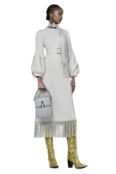 Shop Andrew Gn Belted Fringe Midi Dress In Grey