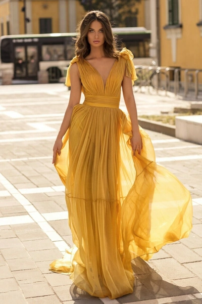Shop Tarik Ediz Maccaron Silky Chiffon Gown In Yellow