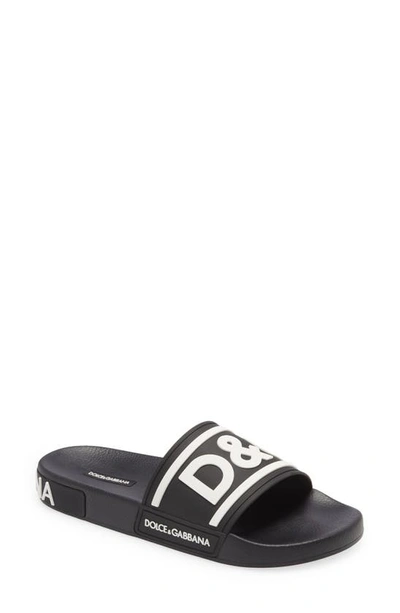 Shop Dolce & Gabbana Logo Slide Sandal In Nero/ Bianco