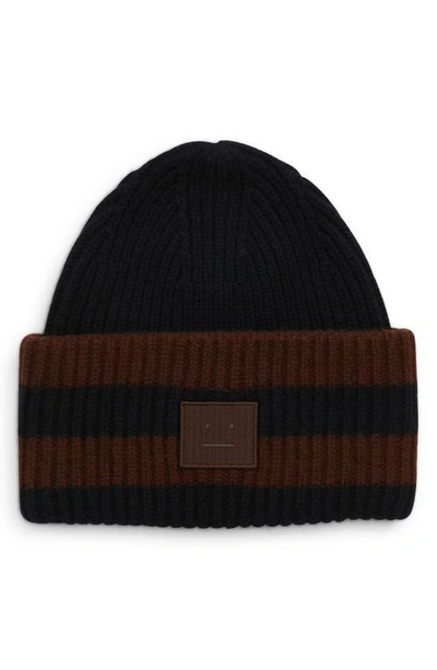 Shop Acne Studios Pansy Face Patch Stripe Wool Beanie In Black/ Brown