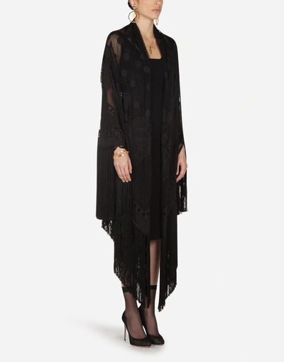 Shop Dolce & Gabbana Cotton And Tulle Shawl With Fringe 140 X 140 In Black