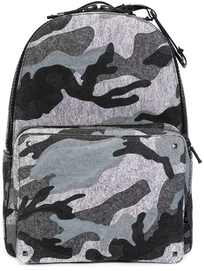 Valentino Garavani Camouflage-print Felt & Leather Backpack In Grey
