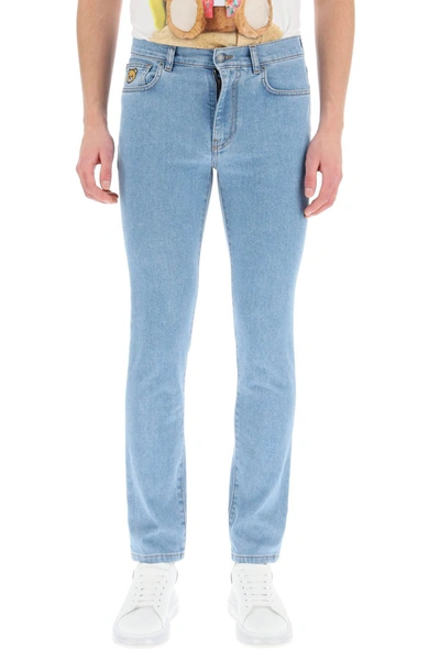 Shop Moschino Jeans With Teddy Bear Embroidery In Blue