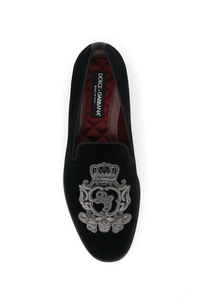 Shop Dolce & Gabbana Leonardo Velvet Slippers Dg Coat Of Arms In Black