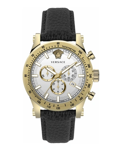 Shop Versace Chrono Sporty Leather Watch In Black