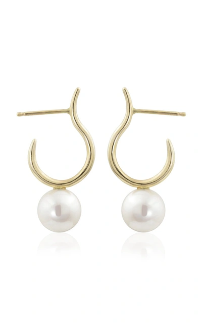 Shop White/space Moon 14k Yellow Gold Pearl Hoop Earrings In White