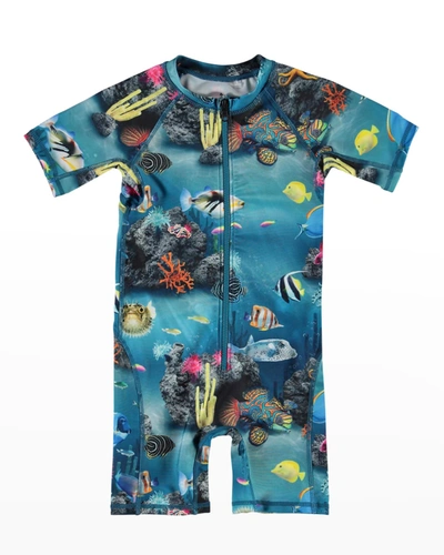 Shop Molo Girl's Neka Underwater Print Zip-front Short-sleeve Swimsuit In Ocean Living