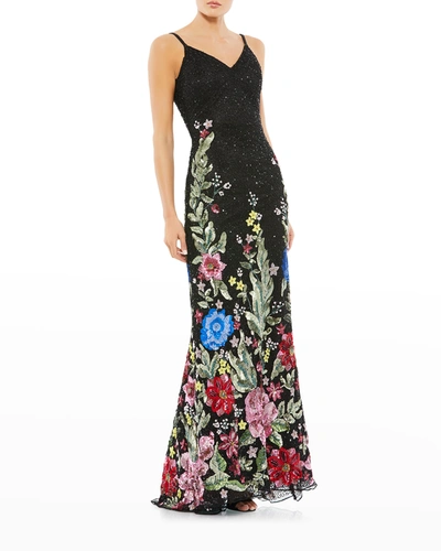 Shop Mac Duggal Floral Beaded V-neck Column Gown In Black Multi
