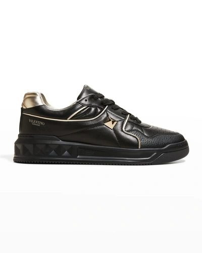 Shop Valentino Men's Roman Stud Metallic Leather Low-top Sneakers In Black/gold