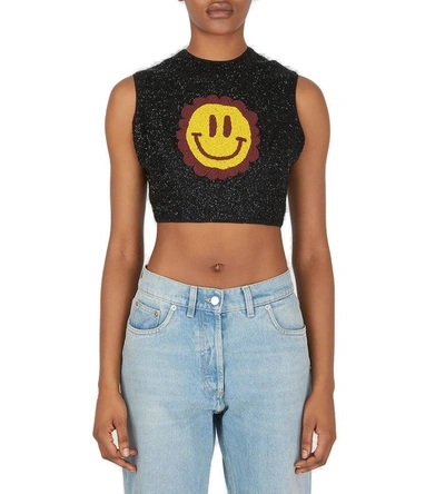 Shop Ganni Smiley Face Embroidered Cropped Top In Black