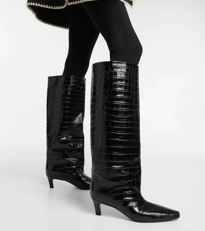 Totême Brown Croco-embossed Wide Shaft Tall Boots In Black Croco