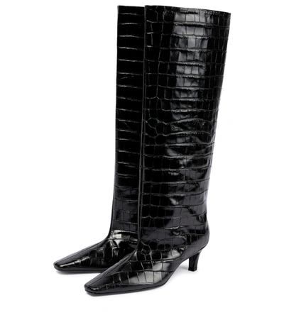 Shop Totême Croc-effect Leather Knee-high Boots In Black Croco