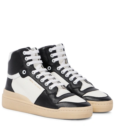 Shop Saint Laurent Sl24 High-top Leather And Mesh Sneakers In Blanc Optique/nero/b