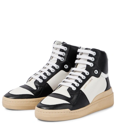 Shop Saint Laurent Sl24 High-top Leather And Mesh Sneakers In Blanc Optique/nero/b