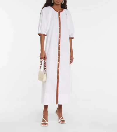 Shop Staud Vincent Faux Leather-trimmed Midi Dress In White Whiskey