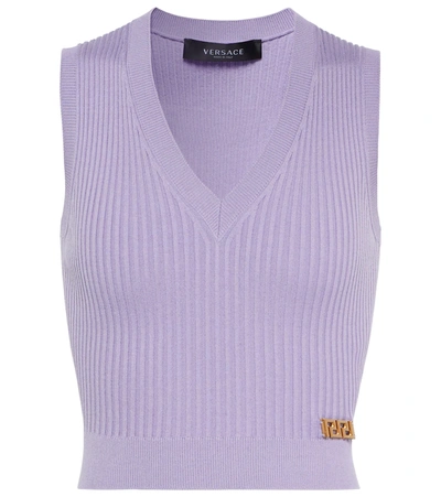 Shop Versace Silk-blend Knit Crop Top In Orchid