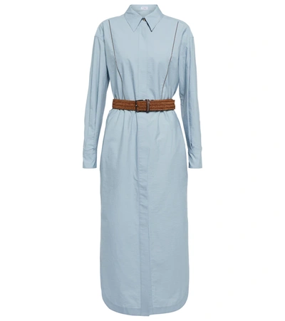Shop Brunello Cucinelli Belted Cotton-blend Shirt Dress In Pale Blue