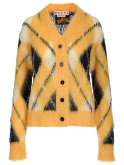 Shop Marni Diamond Pattern Knit Cardigan In Yellow