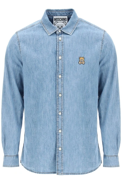 Shop Moschino Teddy Bear Patch Shirt In Blue