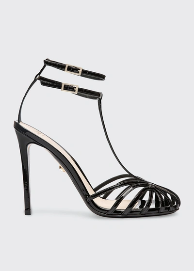 Shop Alevì Stella Patent Caged T-strap Sandals In Black