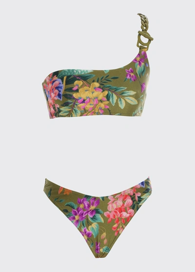 Shop Zimmermann Tropicana Asymmetrica Two-piece Bikini Set In Khaki Floral