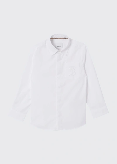 Shop Burberry Boy's Owen Tb Embroidered Button-down Shirt In White