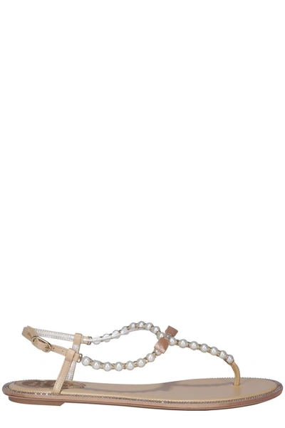 Shop René Caovilla Bow Embellished Thong Sandals In Gold