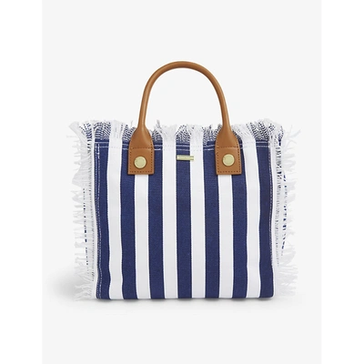 Shop Melissa Odabash Porto Stripe-print Cotton Top-handle Bag In Navy Nautical/tan