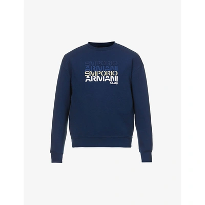 Shop Emporio Armani Mens Blue Logo-print Boxy-fit Cotton-blend Jersey Sweatshirt M