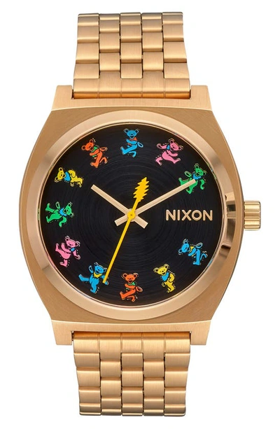 Shop Nixon X Grateful Dead The Time Teller Stainless Steel Bracelet Watch In All Gold / Dancing Bears