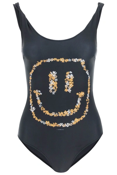 Shop Ganni Smiley Print One-piece Swimsuit In Black