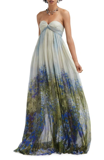 Shop Oscar De La Renta Floral Print Strapless Silk Chiffon Gown In Topaz Multi