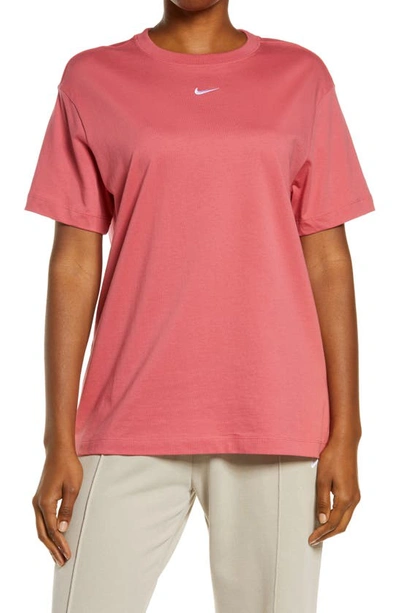Shop Nike Essential Embroidered Swoosh Cotton T-shirt In Archaeo Pink/ White