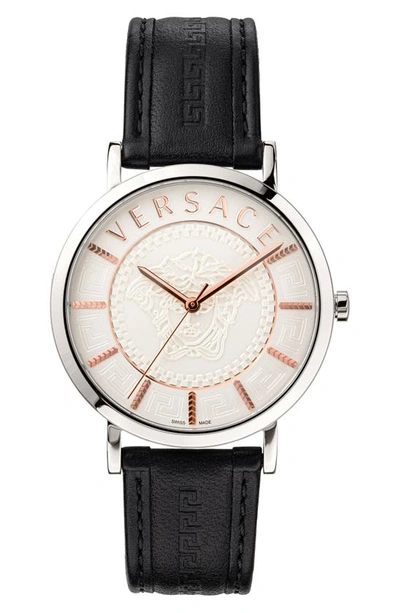 Shop Versace V-essential Leather Strap Watch, 40mm In White