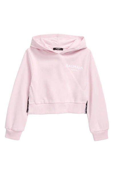 Shop Balmain Kids' Logo Stripe Trim Crop Hoodie In 540 Pink