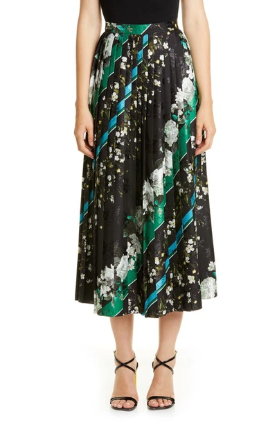 Shop Erdem Floral Stripe Pleated Midi Skirt In Black / White