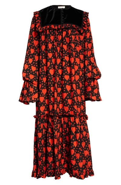 Shop Saint Laurent Heart Dot Print Long Sleeve Silk Midi Dress In Noir Vermillon