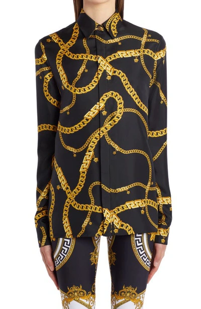 Shop Versace Chain Print Silk Twill Blouse In Black Gold