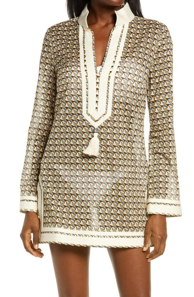 Shop Tory Burch Tory Print Long Sleeve Cover-up Tunic In French Cream Ribbon Wave