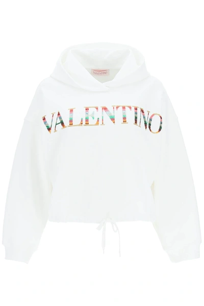 Shop Valentino Cropped Hoodie With Sequined Logo In White