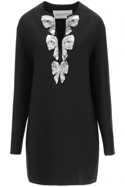 Shop Valentino Crepe Couture Caftan Mini Dress With Bows Embroidery In Black