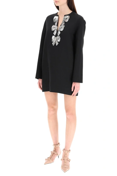 Shop Valentino Crepe Couture Caftan Mini Dress With Bows Embroidery In Black