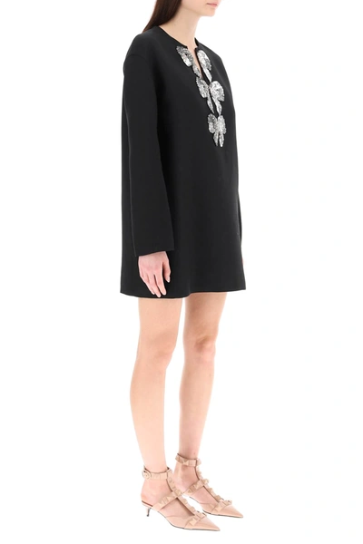 Shop Valentino Crepe Couture Caftan Mini Dress With Bows Embroidery In Black