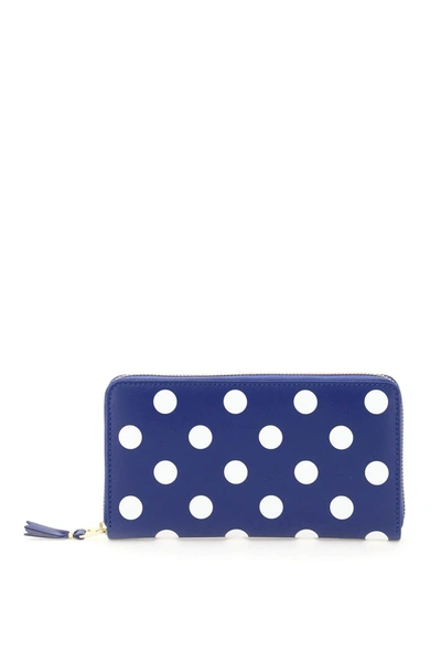 Shop Comme Des Garçons Polka-dot Print Zip-around Wallet In Blue,white
