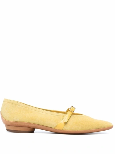 Salvatore Ferragamo Pale Yellow Buckled Suede Ballerina Shoes | ModeSens