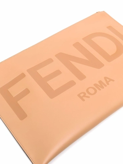 Shop Fendi Logo Leather Flat Clutch In Beige